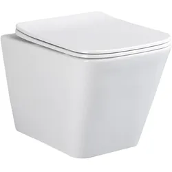 sanicomfort Hänge WC Set Aliki Square – Spülrandloses, Hygienisches Wand-WC Tiefspüler aus Hochwertiger Sanitärkeramik in Weiß, Kompakt, Modern inkl. Soft-Close WC-Sitz