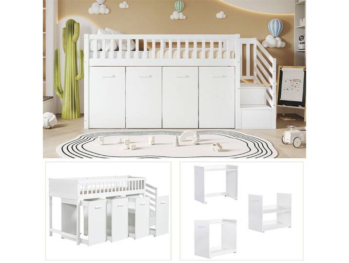 DRIPEX Lit superposé 90x200cm avec bureau armoire casiers de rangement Lit enfant avec 2 casiers dans l'escalier Blanc