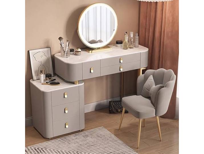 MiaJJooLi Möbel Schminktisch mit Schubladenkommode und Stuhl, Frisiertisch-Set für Make-up und Schmuck, Kosmetiktisch mit Verstellbarem Sideboard, Aufbewahrungssystem Schlafzimmer