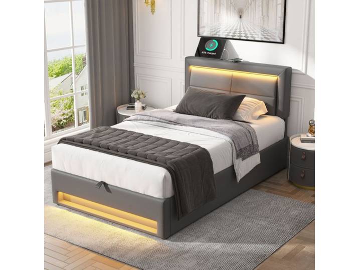 Lit rembourré ULEVR USB LED rangement sans Matelas Gris 90x200 cm