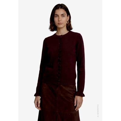 Cardigan ZERO, Damen, Gr. 38, braun (schwarz braun melange), Strick, Obermaterial: 57% Polyester, 17% Polyacryl, 16% Baumwolle, 6% Elasthan, 4% Wolle, meliert, normal hüftbedeckend, Rundhals, Strickjacken, Strickjacke mit Rüschen