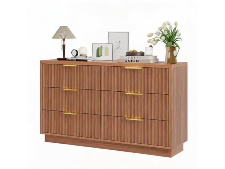 GarveeHome Geriffelter Sideboard Buffet 120 cm Esszimmerschrank mit 6 Schubladen goldenen Griffen