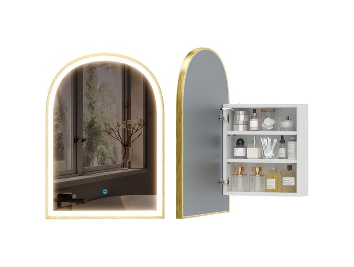 Homcom – Armoire Murale Salle De Bain Avec Miroir – Éclairage Led Réglable – Miroir Anti-buée – Verre Trempé – 50x14\,5x70cm – Cadre Doré