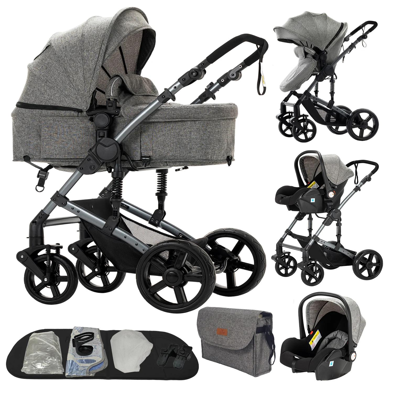 3-in-1 Kinderwagen B588 - Wendbare Babywanne - Babyschale - 5-Punkt-Sicherheitsgurt - Stoßdämpfende EVA-Räder - Zusammenklappbar - Grau