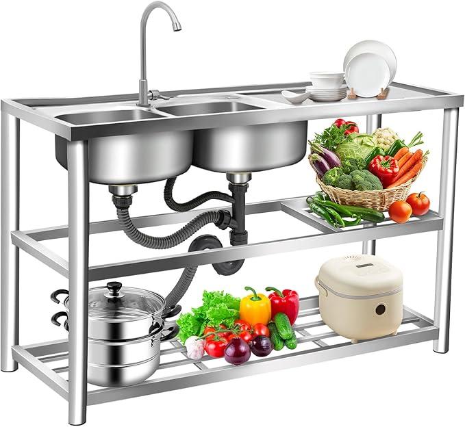 Freistehende Edelstahl Spültisch, Küchenspüle mit Unterschrank, Gastronomie Spüle mit 2 Becken, Großvolumen Spülbecken, Outdoor Spüle Waschtisch für Küche Camping, 120x 45x80 cm