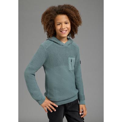 Strickpullover BRUNO BANANI "Kapuzen-Strickpullover mit BRUNO BANANI Badge", Jungen, Gr. 176/182, grün (hellpetrol), Grobstrick, Obermaterial: 100% Baumwolle, unifarben, Basic hüftlang, Rippbündchen, Pullover Strickpullover, Pullover in...