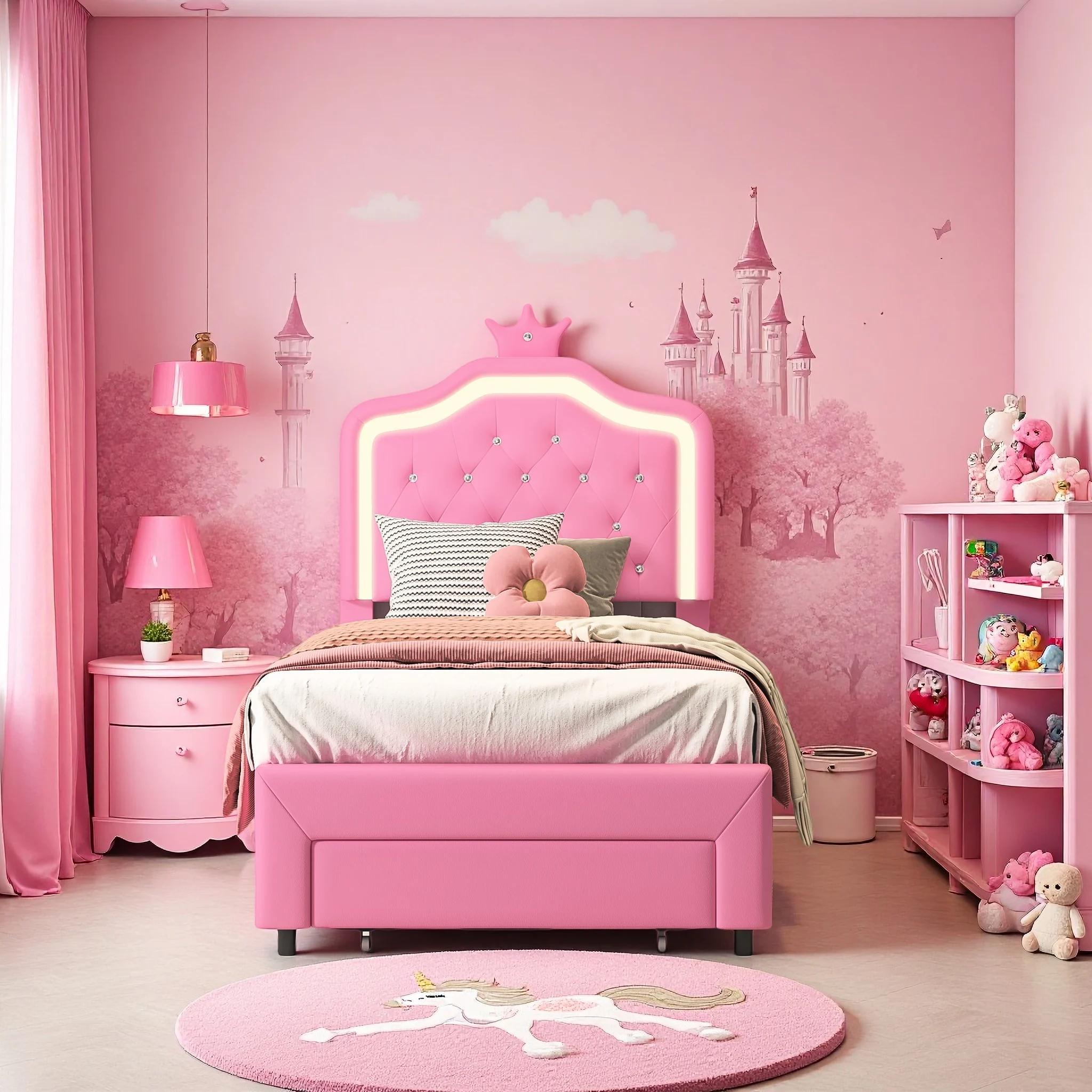 Kinderbett - Gepolstertes Bettgestell - Kronen-Kopfteil - Stauraum unter dem Bett - 140x200 cm - Bezug aus Verbundstoff - Weiß