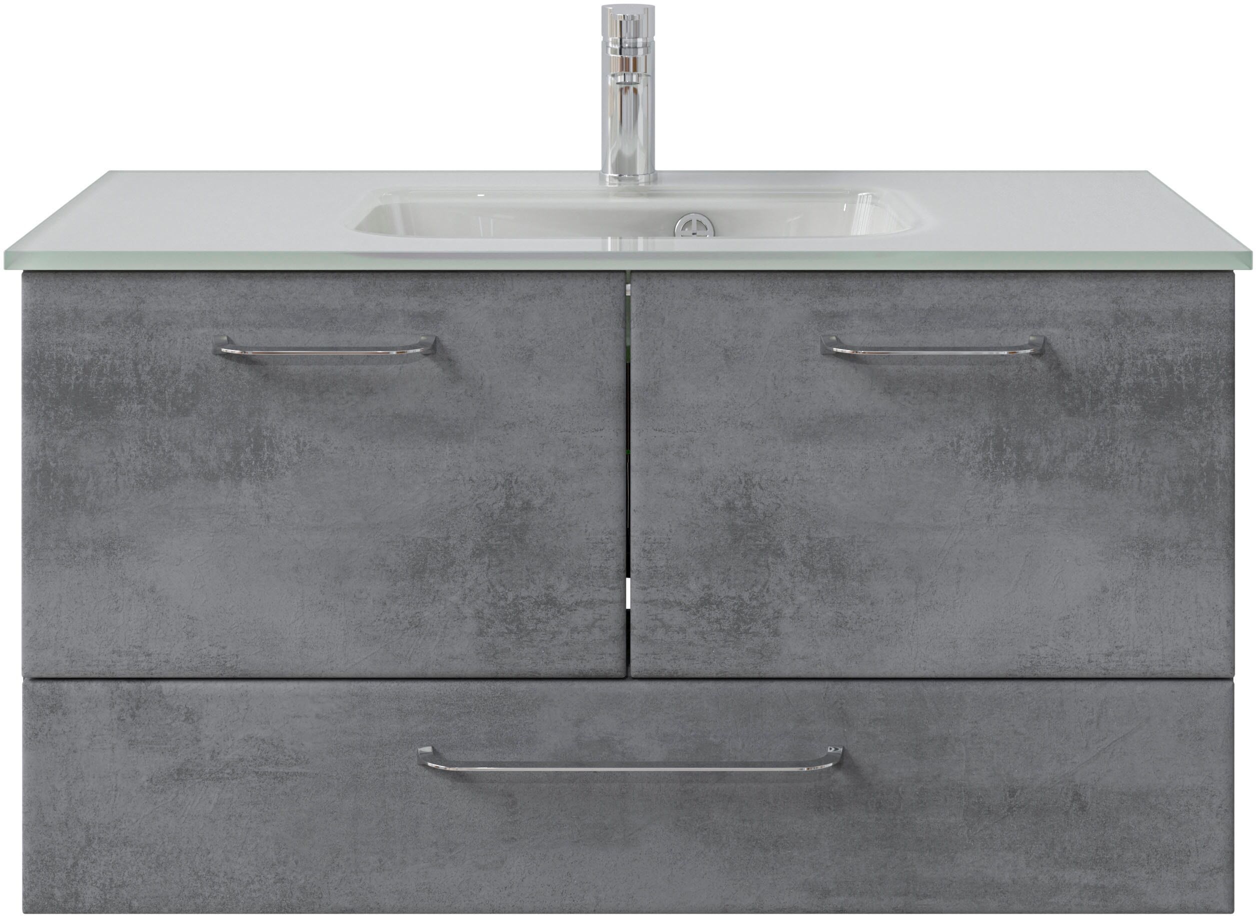 Badmöbel-Set SAPHIR "Quickset 945 Glas-Waschtisch mit Unterschrank, 99 cm breit, Waschplatz", grau (oxid dunkelgrau quer), Kastenmöbel-Sets, Badmöbel-Set, 2 Türen, 1 Schublade, inkl. Türdämpfer, Waschtisch Set mit Waschbecken oxid dunkelgrau quer Einheits