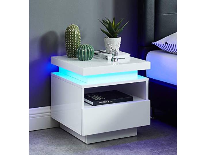 BAÏTA Nachttisch Cosmos mit Blauer LED, lackiert, Weiß