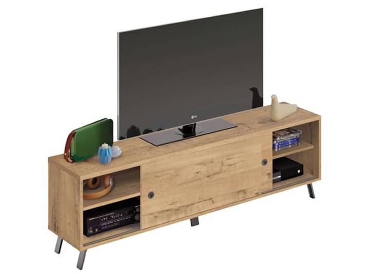 Muebles Pitarch TV-Schrank mit Beinen, 2 Schiebetüren, industrieller Fernsehschrank, Eiche Gold und Schwarz, 52x160x40 cm, Wohnzimmermodul, Modern, Modell Kamet