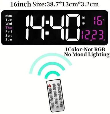 Uplift Picks Large RGB Digital Wall Clock With Remote, Dual Alarms And Countdown Timer 1 Color (pct) 38.7x12.8x3cm