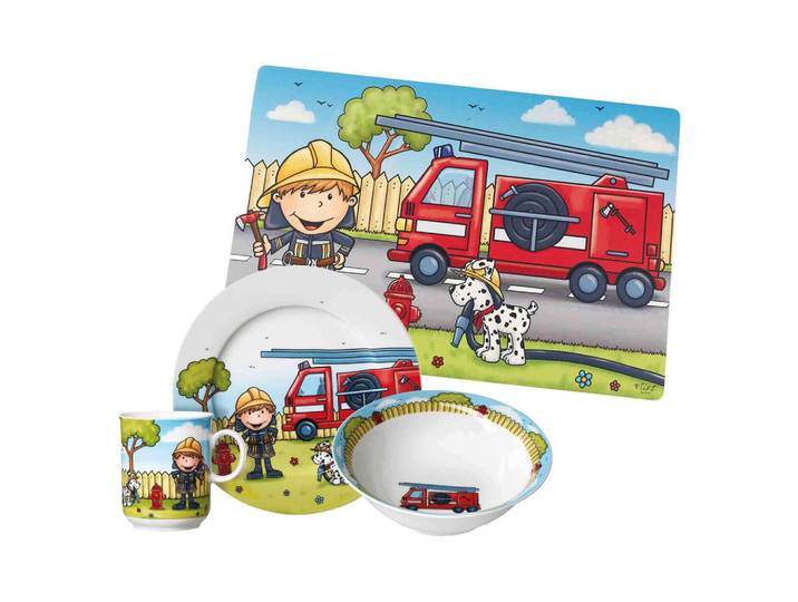 Ritzenhoff Breker Kindergeschirr MIT Platzset Feuerwehrmann Bernie bunt, Mehrfarbig, Keramik, 2x2x2 cm, Füttern, Kindergeschirr & Kinderbesteck