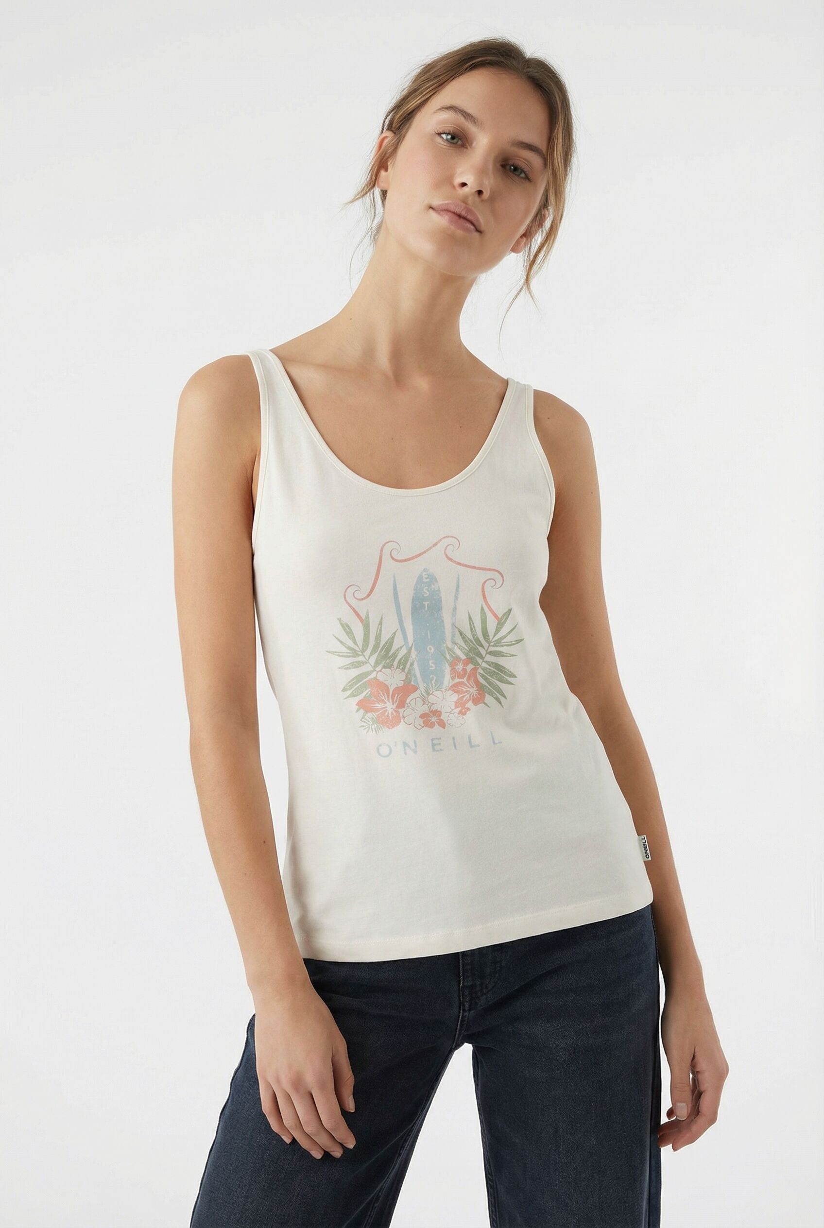 Tanktop O'NEILL "O'NEILL GRAPHIC TANKTOP", Damen, Gr. L (40), weiss (snow weiß), Obermaterial: 100% Baumwolle, Tops Tanktop, ärmelloses Tanktop-Design, aus Baumwolle, sportliche Schnittform snow weiß L (40)