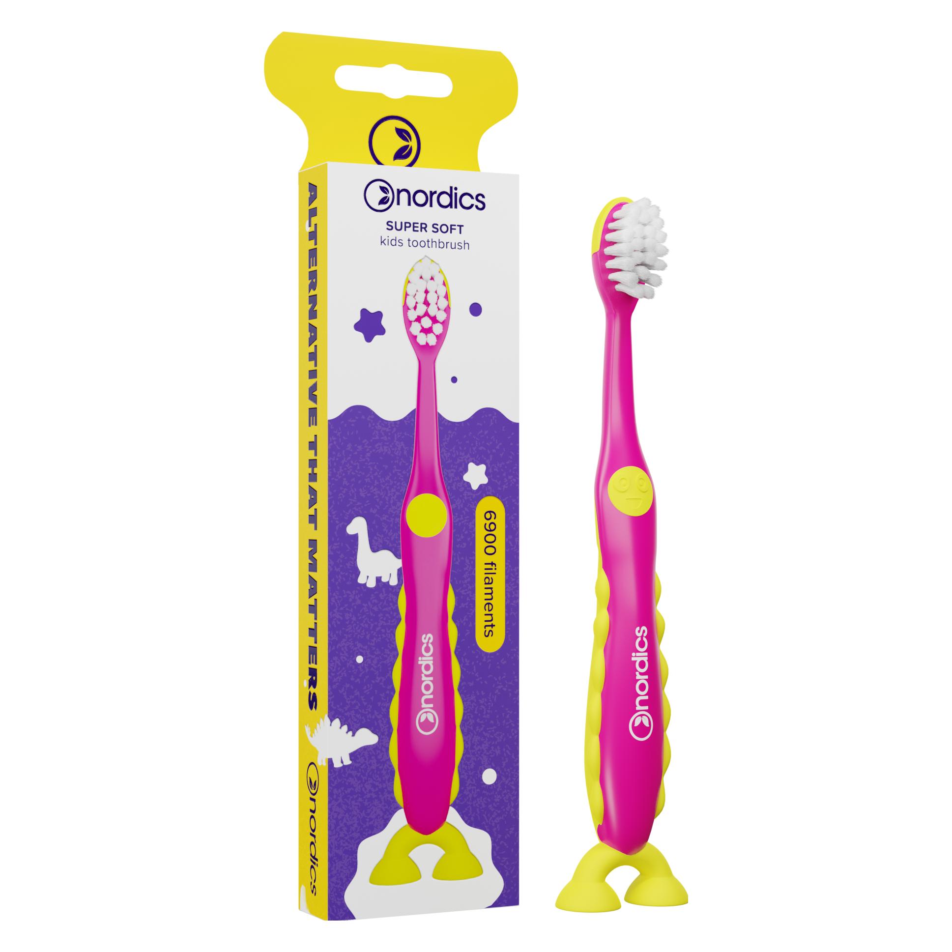 Nordics Kinderzahnbürste 6900 Super Soft Rosa - Gelber Dinosaurier (1x) (47583944)