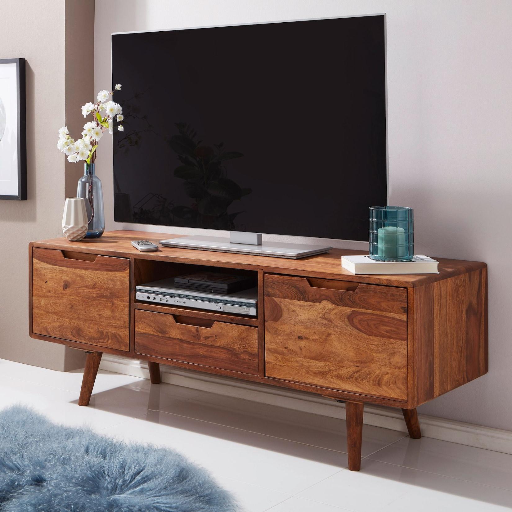 FineBuy TV Lowboard Holz Fernsehkommode Massiv Landhaus Fernsehschrank TV Bank