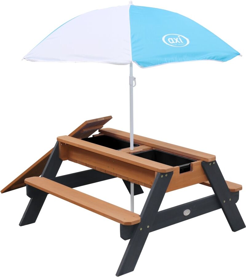 Axi Table de pique-nique sable et eau avec parasol, bois fsc, gris Gris 49x95x98cm