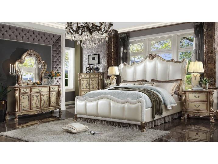 JVmoebel Schlafzimmer-Set Luxuriöses Bett und Nachttische aus weißem Leder im Barock Stil, Made in Europa