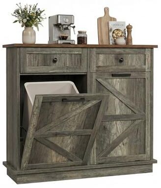 Kodotan sofa Tilt Out Trash Can Cabinet for Kitchen, Double 10-Gallon Hidden Trash Cabinet with Drawer, Farmhouse Wooden Garbage Cabinet