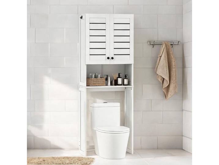 Meuble de rangement pour salle de bain MDF blanc 190 cm portes persiennées placard double