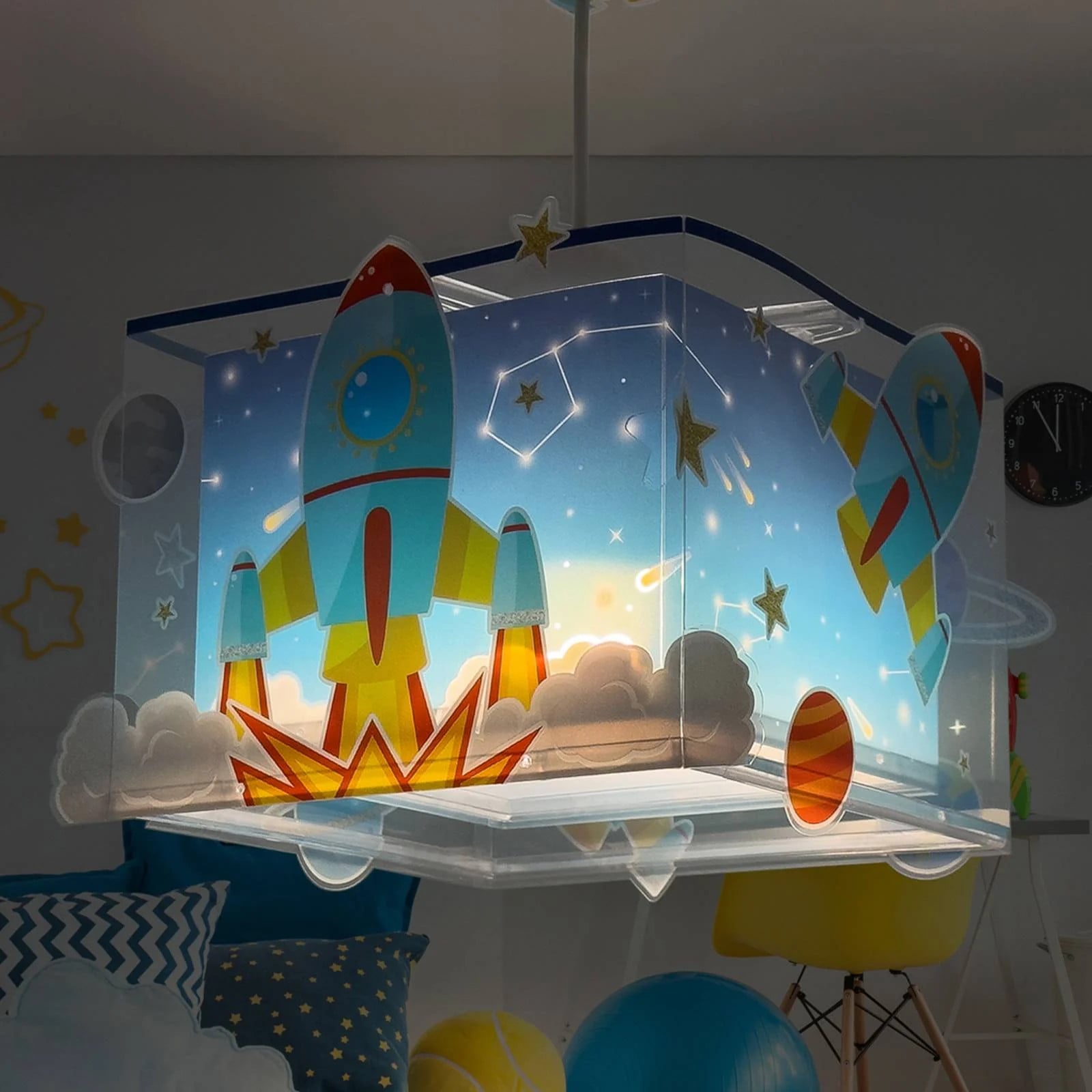 Dalber ROCKET hanglamp voor de kinderkamer, blauw transparant, dimbaar, kunststof