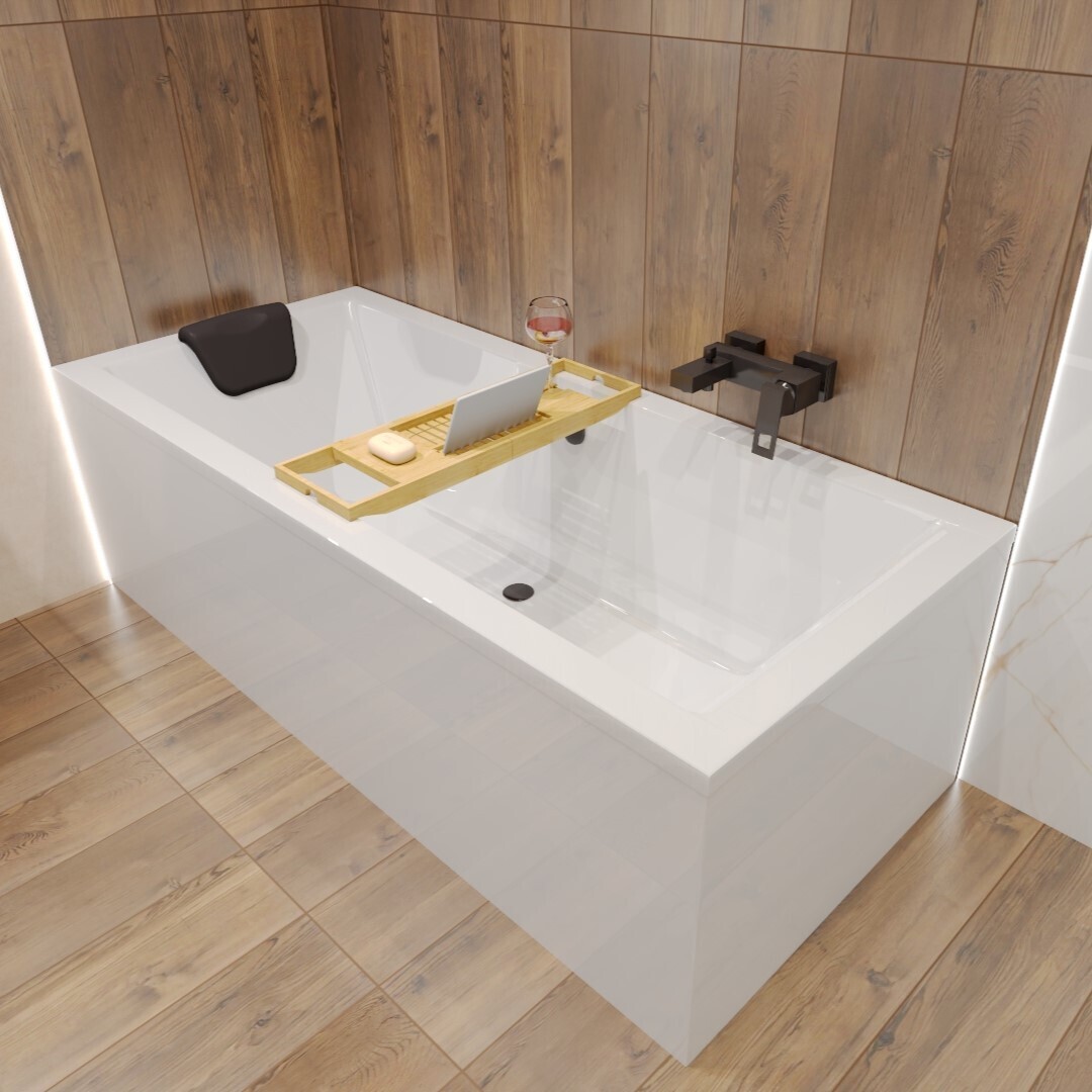BADLAND Badewanne Rechteck Wanne Bad Acryl Weiß Exclusive Modern Quadro 165x75 + Bambus Badewannenablage + Ablauf & Füße | BADLAND QUADRO