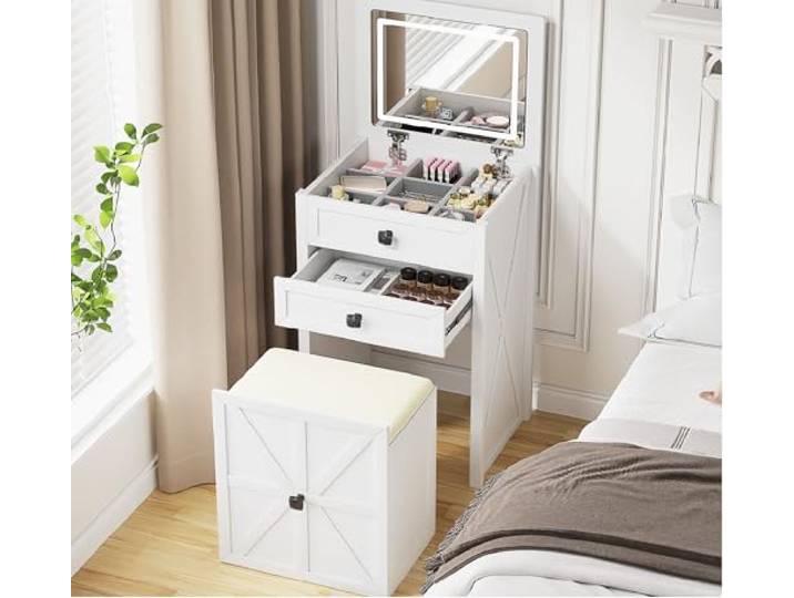 FREDEES 3-in-1 Schminktisch mit Spiegel und Sanfter Beleuchtung Kleine Schminkkommode, Platzsparende Schminkkommode mit Stauraum und Gepolstertem Hocker, Schminktisch