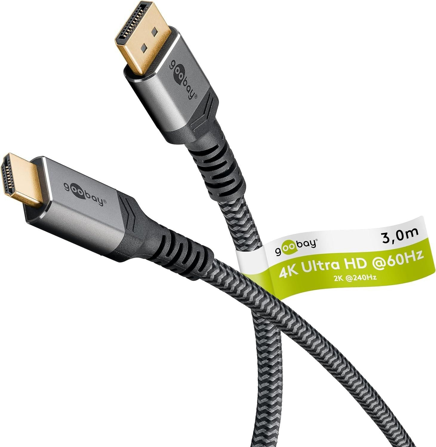 Goobay DisplayPort 1.2 naar HDMI 2.0 kabel, 3,0 m, grijs/zwart