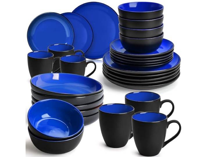 MIAMIO - Geschirrset/Tafelservice Keramik (30-teilig) - Le Papillon (Blau) Tafelservice Steingut für 6/große, kleine & tiefe Teller, Schüsseln & Kaffeetassen, Keramik Geschirr Set - spülmaschinenfest