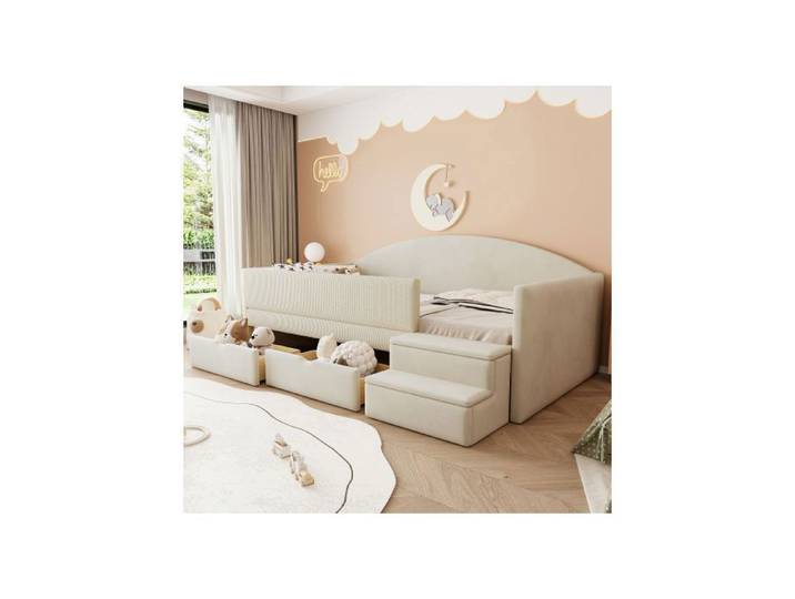 Lit Rembourré Enfant - WESTYLE - 90x190 cm - 2 tiroirs - Escaliers antidérapants - Velours beige