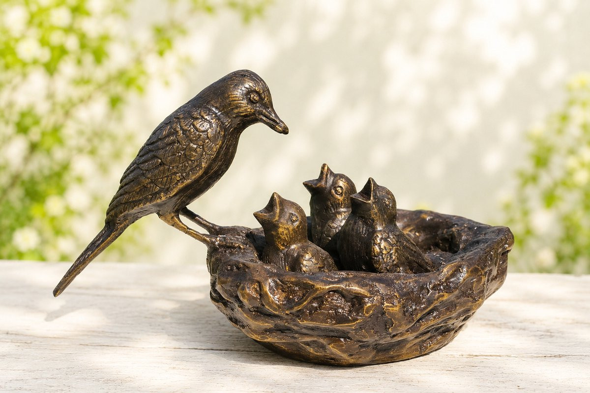 Bronzen beeld van een vogel die haar jongen voert in een vogelnest