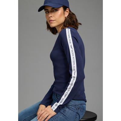Langarmshirt ARIZONA, Damen, Gr. 52/54, blau, Jersey, Obermaterial: 100% Baumwolle, unifarben mit Farbeinsätzen, figurbetont hüftlang, Shirts Langarmshirt, langärmelig, figurbetont, unifarben mit Farbeinsätzen