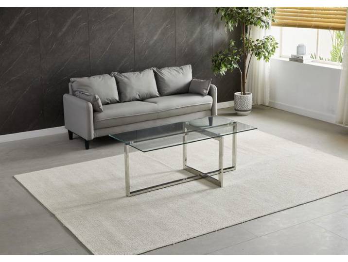 Table basse rectangulaire - Verre trempé transparent - Métal argenté - CHIARA