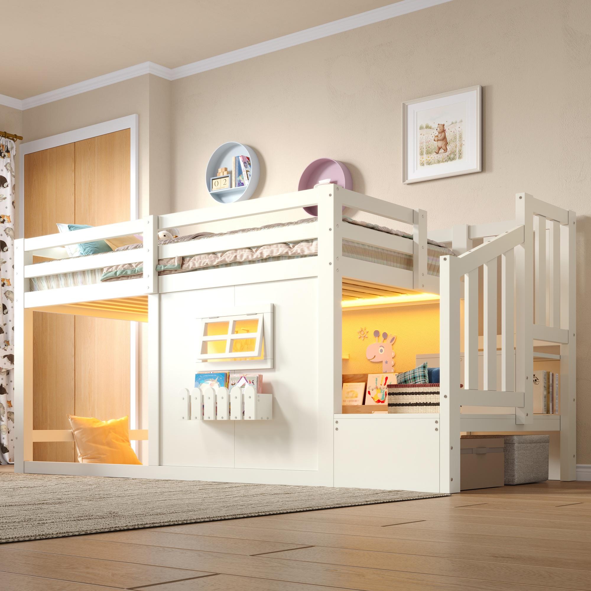 Hochbett 90 x 200 cm aus Kiefernholz und MDF, mit Fenster, Stauraumtreppe, LED-Beleuchtung und Geländer, Natur/Weiß, ohne Matratze