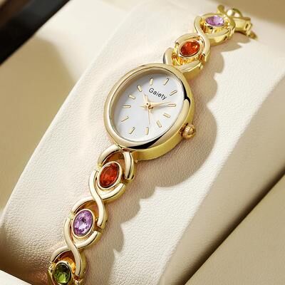Youfap Market Elegant Temperament Rhinestone Quartz Watch For Ladies, Retro Oval Dial Fashion Casual Timepiece gold