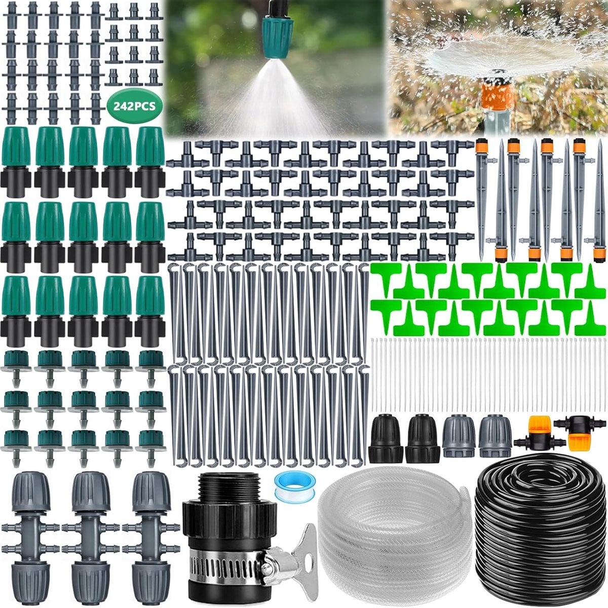 Micro-druppelsysteem voor de tuin met micro-sprayer en flow control, zwart plastic