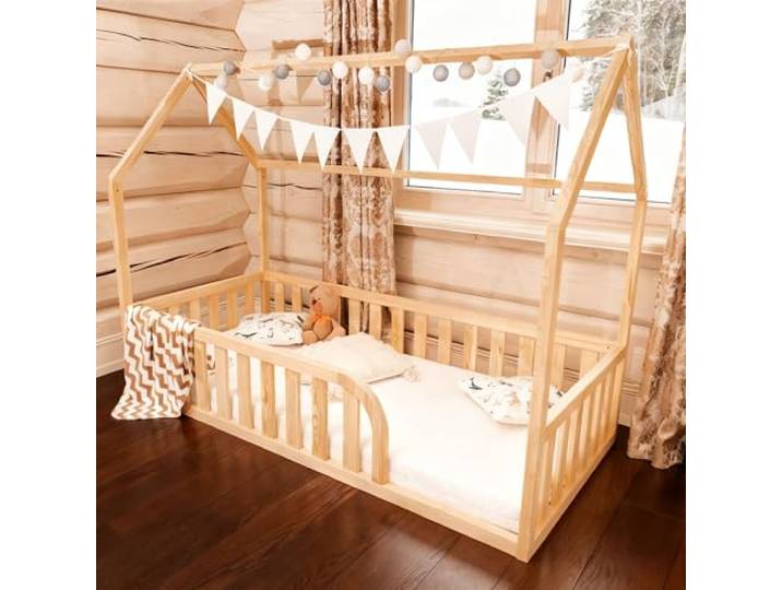 Mandrele Bodenbett 90x200 für Kinder, Montessori Hausbett aus FSC-Kiefernholz Natur, Kinderbett mit Lattenrost und 41 cm Rausfallschutz, Einstieg Rechts