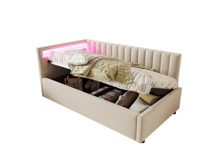 Modfu Polsterbett Schlafsofa 90x200 cm Beige aus Samt mit LED-Beleuchtung, hydraulischem Stauraum und Lattenrost, 90x200 cm, Schlafzimmer, Betten, Polsterbetten
