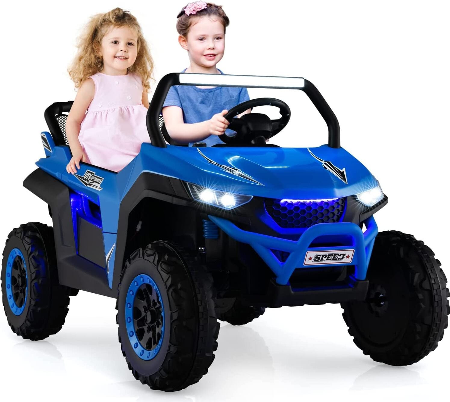 Costway Elektrische Kinder UTV met 2 Zitplaatsen, 12V, Afstandsbediening en Muziek, Blauw