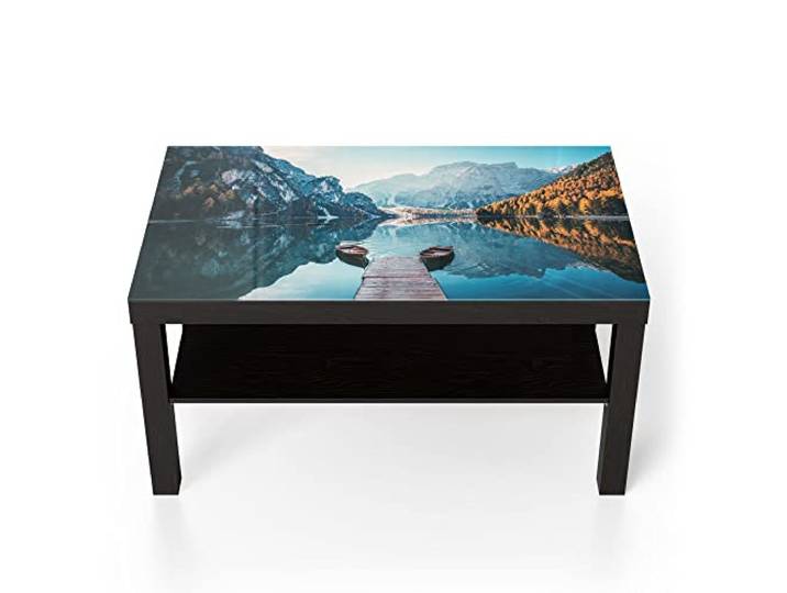 DEQORI Glastisch schwarz groß 90x50 cm Motiv Blick auf Lago di Braies ausgefallener Beistelltisch aus Glas Hochglanz Couchtisch fürs Wohnzimmer moderner Couch Tisch mit Design
