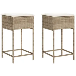 vidaXL Garten Barhocker mit Kissen 2 Stk., Barstuhl mit Stahlrahmen, Tresenhocker für Garten Terrasse, Gartenmöbel, Beige Poly Rattan
