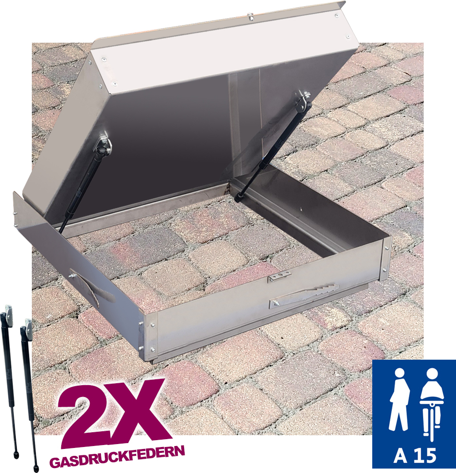 Schachtabdeckung 600x600x100 Edelstahl Schachtdeckel Gasdruckfedern auspflasterbar EN124 A15