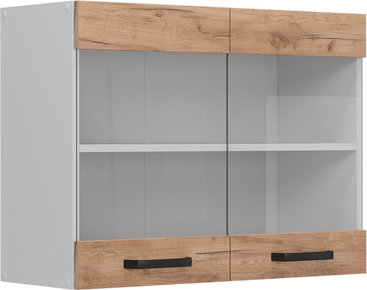 Vicco R-Line Glazen Keukenkast met Wandmontage, Eik Goud