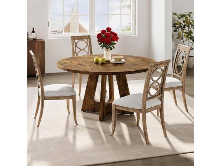 IDEALHOUSE Runder Esstisch Ø120cm Für 4‑6 Personen, Stabiler Säulenfuß MDF‑Tischplatte in Holzoptik im Farmhouse‑Stil, platzsparend, passend für Esszimmer und Wohnbereiche.