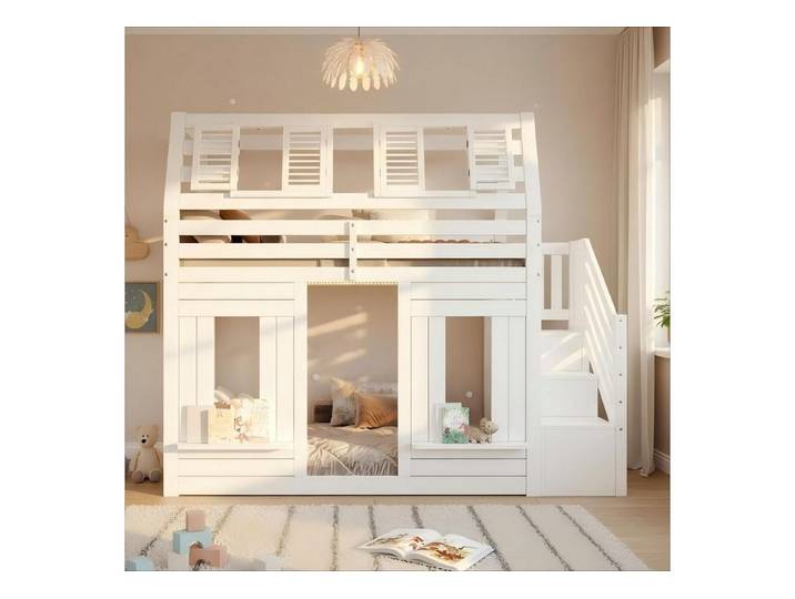 Odikalo Etagenbett 90x200 Kinderbett Hochbett mit LED und Stauraum, Fenster-Form (90x200cm mit LED, Rausfallschutz und Stauraumtreppe, Fenster-Form)