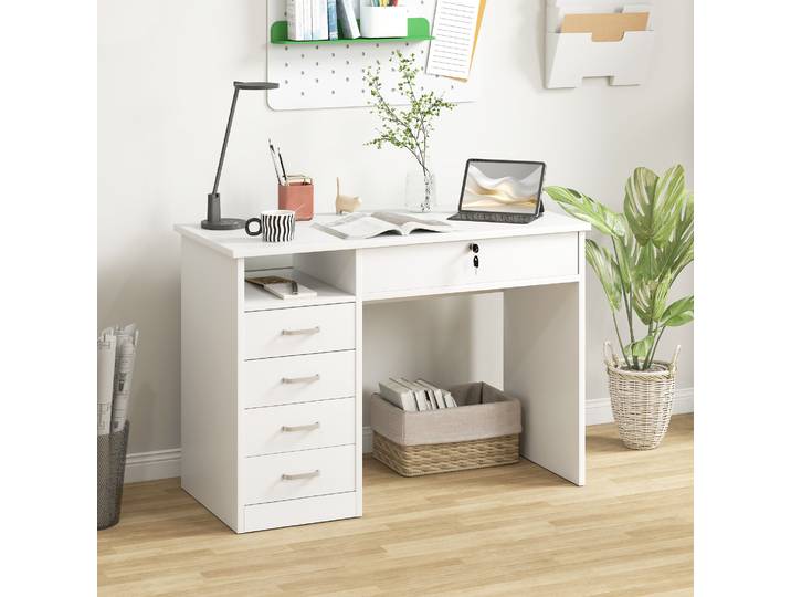 HOMCOM Bureau Moderne 110cm Blanc Tiroir Verrouillable