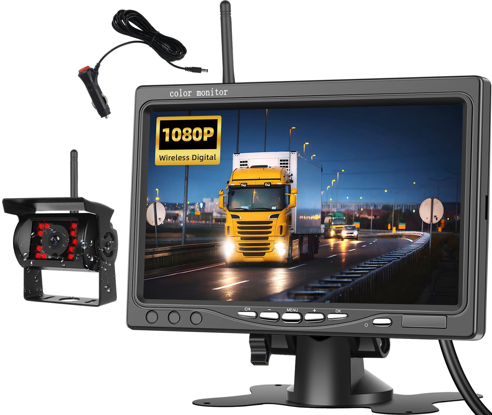 Selius Achteruitrijcamera Draadloos met 7 Inch Scherm, 12 Volt, CMOS Sensor, IP68 Waterdicht en Infrarood Nachtzicht