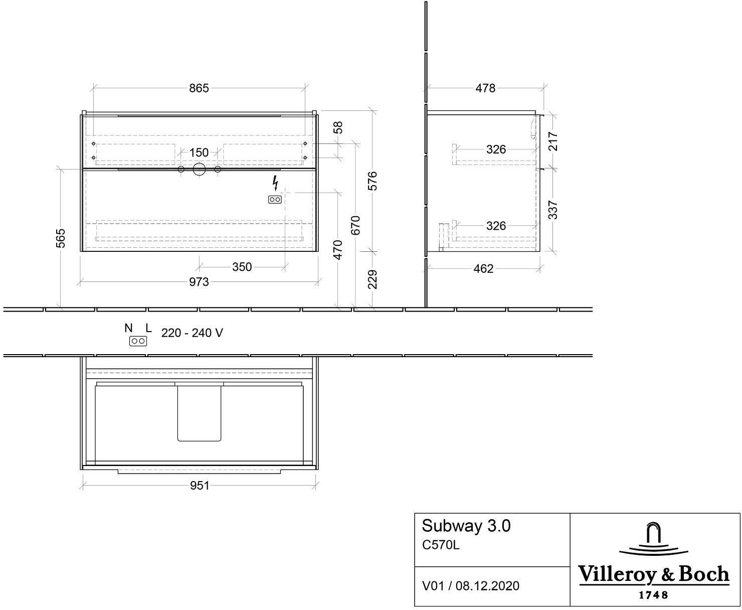 Villeroy & Boch Subway 3.0 Badmöbel-Set 100 cm mit Beleuchtung, Griff in Möbelfarbe, 2 Auszüge