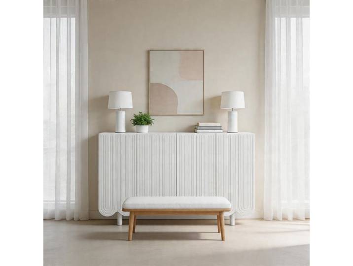 Buffet de rangement - Goutte sculptée - 4 portes - MDF blanc - Charnières amorties