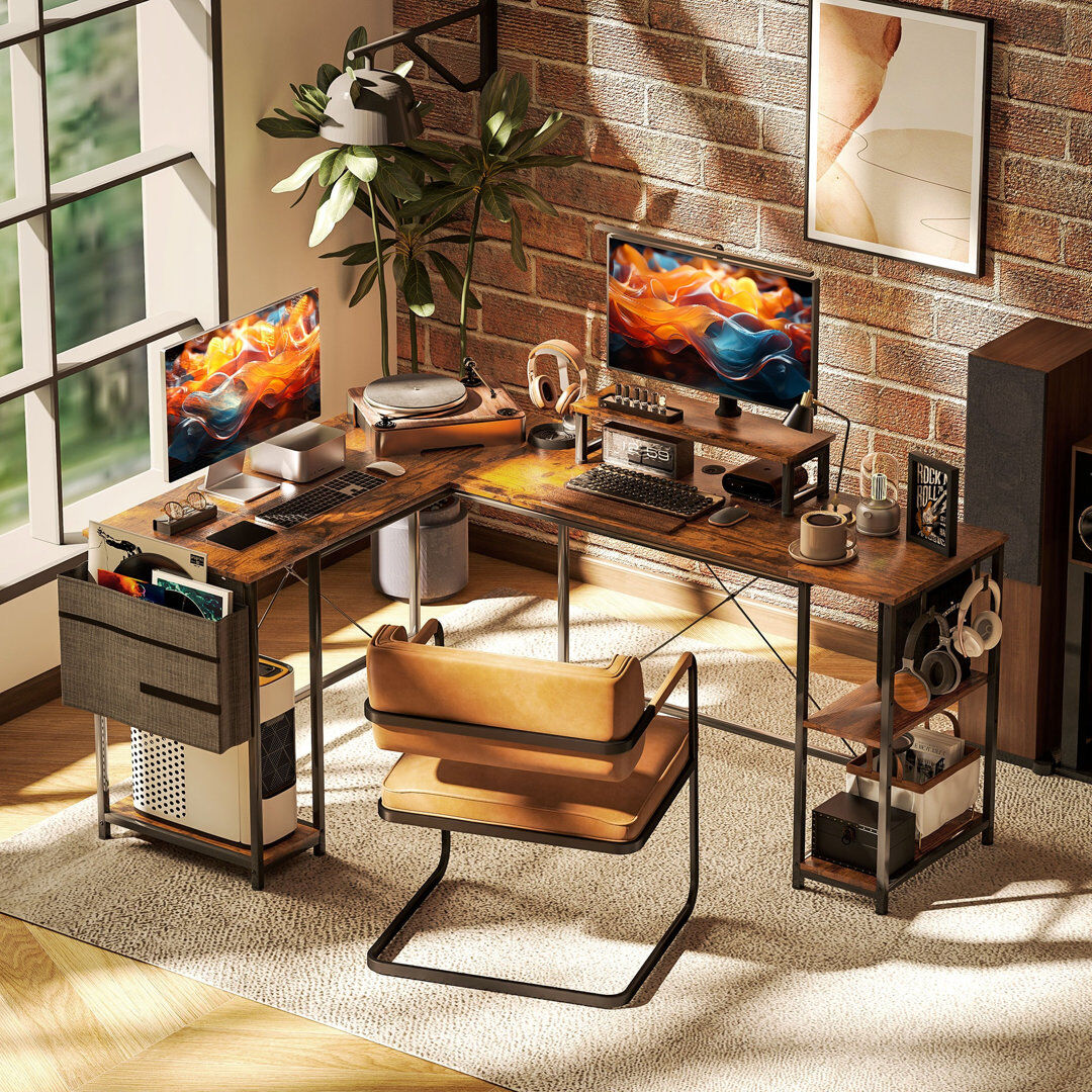 Borough Wharf L-Shaped Steel Computer Desk Rustic Brown 90cm H X 168cm W X 120cm D