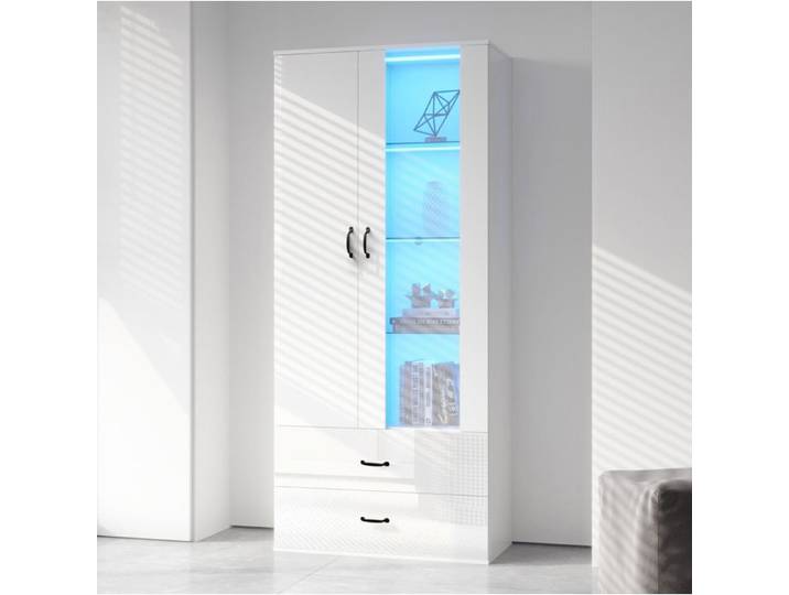 Vitrine Armoire VIVRYN LED Blanc Façade Brillante 2 Portes 2 Tiroirs 59.5 x 35 x 182 cm